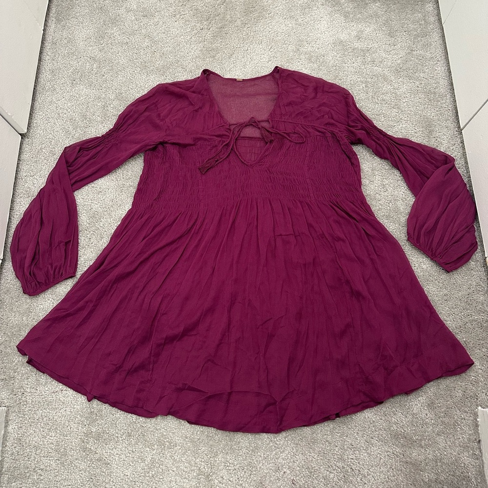 Free People Sheer Long Sleeve Boho Top or Dress in Plum Size Small-Large (FLAWS) - Picture 2 of 9
